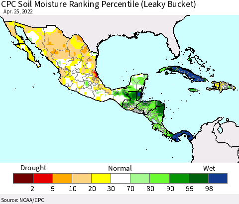 Mexico Central America and the Caribbean CPC Soil Moisture Ranking Percentile (Leaky Bucket) Thematic Map For 4/21/2022 - 4/25/2022