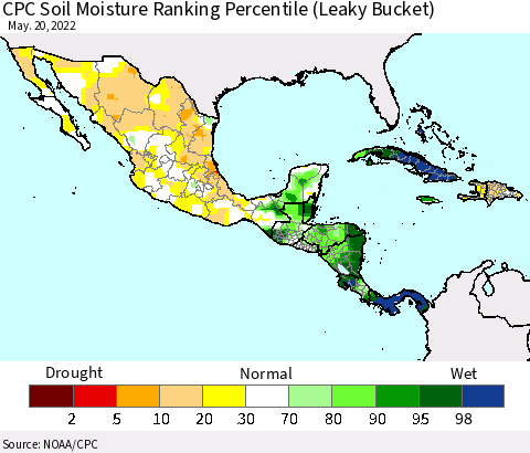 Mexico Central America and the Caribbean CPC Soil Moisture Ranking Percentile (Leaky Bucket) Thematic Map For 5/16/2022 - 5/20/2022