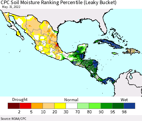 Mexico Central America and the Caribbean CPC Soil Moisture Ranking Percentile (Leaky Bucket) Thematic Map For 5/26/2022 - 5/31/2022