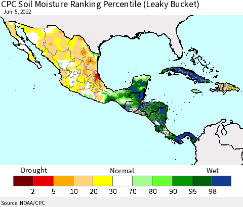 Mexico Central America and the Caribbean CPC Soil Moisture Ranking Percentile (Leaky Bucket) Thematic Map For 6/1/2022 - 6/5/2022