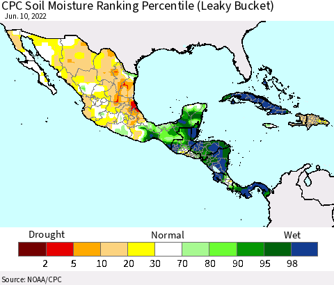 Mexico Central America and the Caribbean CPC Soil Moisture Ranking Percentile (Leaky Bucket) Thematic Map For 6/6/2022 - 6/10/2022