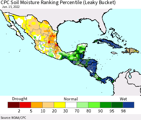 Mexico Central America and the Caribbean CPC Soil Moisture Ranking Percentile (Leaky Bucket) Thematic Map For 6/11/2022 - 6/15/2022