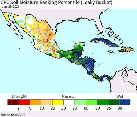 Mexico Central America and the Caribbean CPC Soil Moisture Ranking Percentile (Leaky Bucket) Thematic Map For 6/21/2022 - 6/25/2022