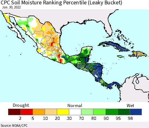 Mexico Central America and the Caribbean CPC Soil Moisture Ranking Percentile (Leaky Bucket) Thematic Map For 6/26/2022 - 6/30/2022
