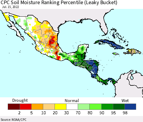 Mexico Central America and the Caribbean CPC Soil Moisture Ranking Percentile (Leaky Bucket) Thematic Map For 7/11/2022 - 7/15/2022