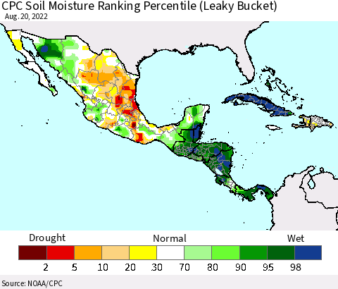 Mexico Central America and the Caribbean CPC Soil Moisture Ranking Percentile (Leaky Bucket) Thematic Map For 8/16/2022 - 8/20/2022