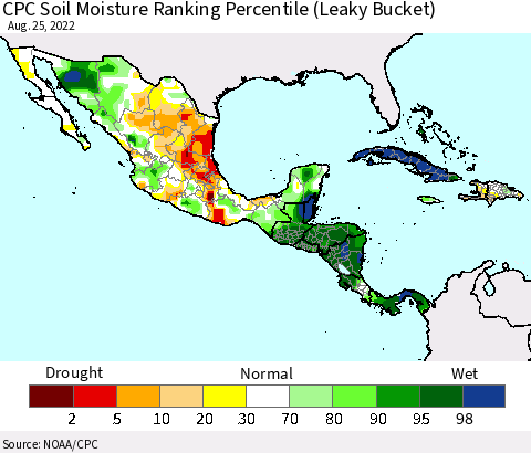 Mexico Central America and the Caribbean CPC Soil Moisture Ranking Percentile (Leaky Bucket) Thematic Map For 8/21/2022 - 8/25/2022