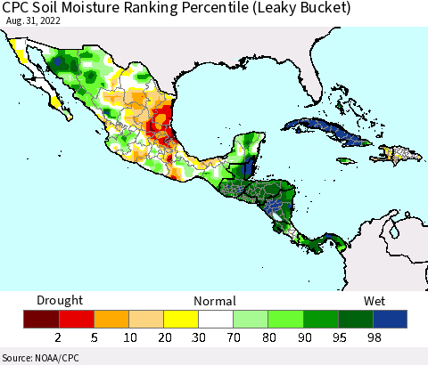 Mexico Central America and the Caribbean CPC Soil Moisture Ranking Percentile (Leaky Bucket) Thematic Map For 8/26/2022 - 8/31/2022