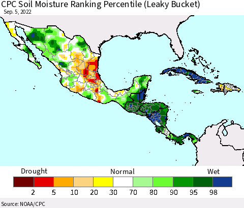 Mexico Central America and the Caribbean CPC Soil Moisture Ranking Percentile (Leaky Bucket) Thematic Map For 9/1/2022 - 9/5/2022