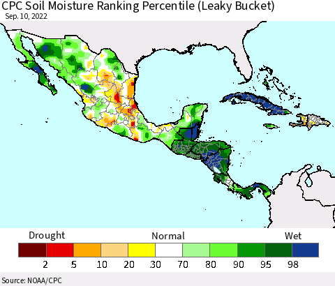 Mexico Central America and the Caribbean CPC Soil Moisture Ranking Percentile (Leaky Bucket) Thematic Map For 9/6/2022 - 9/10/2022
