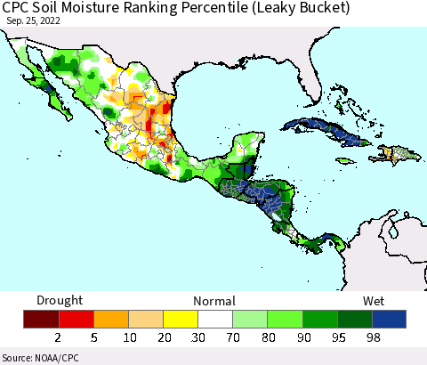 Mexico Central America and the Caribbean CPC Soil Moisture Ranking Percentile (Leaky Bucket) Thematic Map For 9/21/2022 - 9/25/2022