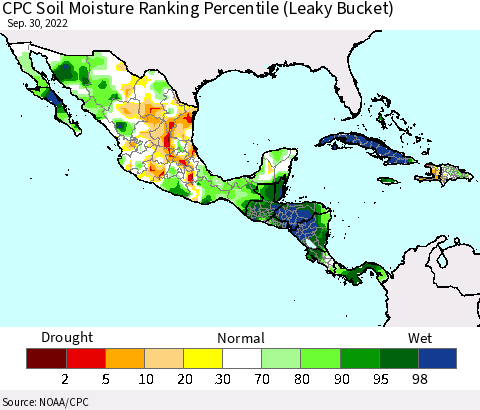 Mexico Central America and the Caribbean CPC Soil Moisture Ranking Percentile (Leaky Bucket) Thematic Map For 9/26/2022 - 9/30/2022