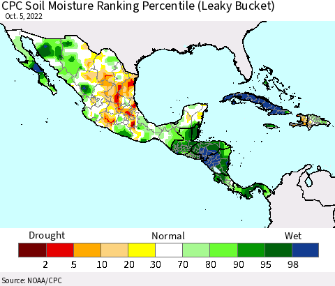 Mexico Central America and the Caribbean CPC Soil Moisture Ranking Percentile (Leaky Bucket) Thematic Map For 10/1/2022 - 10/5/2022
