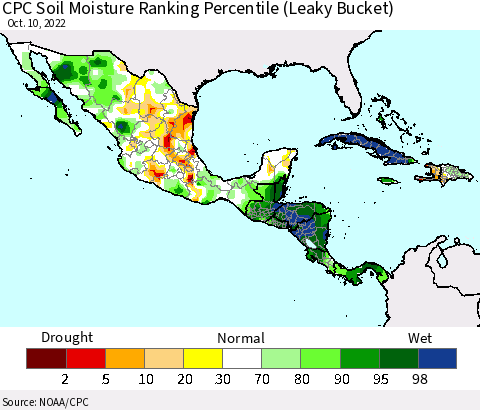 Mexico Central America and the Caribbean CPC Soil Moisture Ranking Percentile (Leaky Bucket) Thematic Map For 10/6/2022 - 10/10/2022