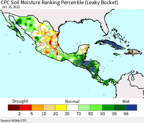 Mexico Central America and the Caribbean CPC Soil Moisture Ranking Percentile (Leaky Bucket) Thematic Map For 10/21/2022 - 10/25/2022