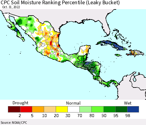 Mexico Central America and the Caribbean CPC Soil Moisture Ranking Percentile (Leaky Bucket) Thematic Map For 10/26/2022 - 10/31/2022