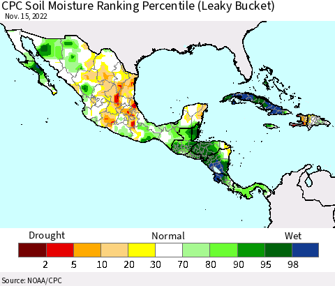 Mexico Central America and the Caribbean CPC Soil Moisture Ranking Percentile (Leaky Bucket) Thematic Map For 11/11/2022 - 11/15/2022