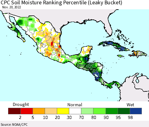 Mexico Central America and the Caribbean CPC Soil Moisture Ranking Percentile (Leaky Bucket) Thematic Map For 11/16/2022 - 11/20/2022