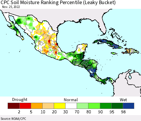 Mexico Central America and the Caribbean CPC Soil Moisture Ranking Percentile (Leaky Bucket) Thematic Map For 11/21/2022 - 11/25/2022