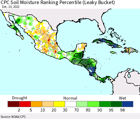 Mexico Central America and the Caribbean CPC Soil Moisture Ranking Percentile (Leaky Bucket) Thematic Map For 12/6/2022 - 12/10/2022