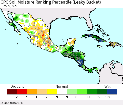 Mexico Central America and the Caribbean CPC Soil Moisture Ranking Percentile (Leaky Bucket) Thematic Map For 12/16/2022 - 12/20/2022