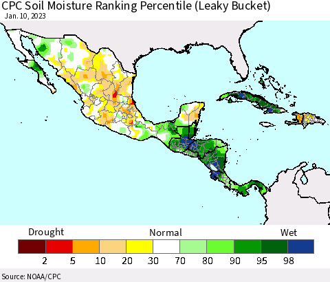 Mexico Central America and the Caribbean CPC Soil Moisture Ranking Percentile (Leaky Bucket) Thematic Map For 1/6/2023 - 1/10/2023