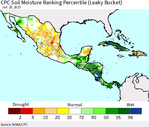 Mexico Central America and the Caribbean CPC Soil Moisture Ranking Percentile (Leaky Bucket) Thematic Map For 1/16/2023 - 1/20/2023