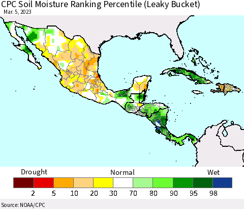 Mexico Central America and the Caribbean CPC Soil Moisture Ranking Percentile (Leaky Bucket) Thematic Map For 3/1/2023 - 3/5/2023