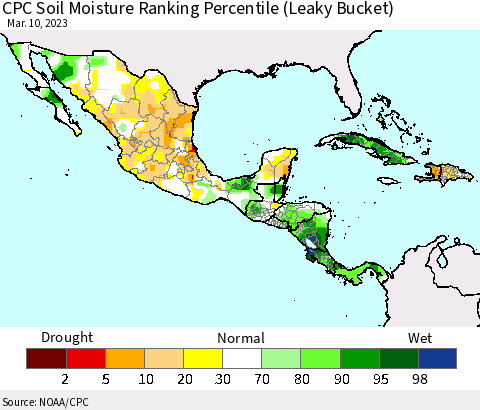 Mexico Central America and the Caribbean CPC Soil Moisture Ranking Percentile (Leaky Bucket) Thematic Map For 3/6/2023 - 3/10/2023