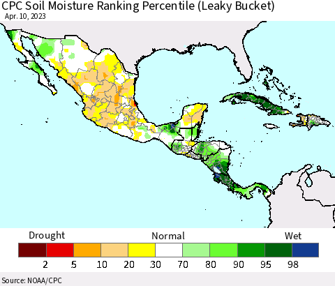 Mexico Central America and the Caribbean CPC Soil Moisture Ranking Percentile (Leaky Bucket) Thematic Map For 4/6/2023 - 4/10/2023