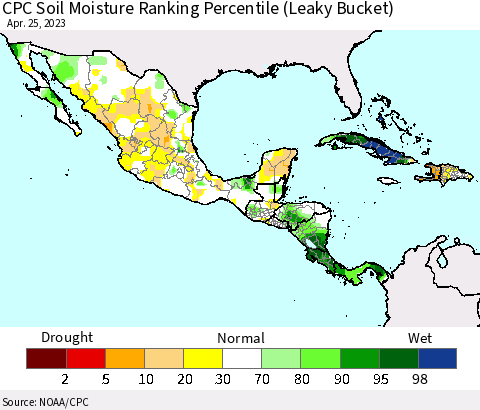 Mexico Central America and the Caribbean CPC Soil Moisture Ranking Percentile (Leaky Bucket) Thematic Map For 4/21/2023 - 4/25/2023
