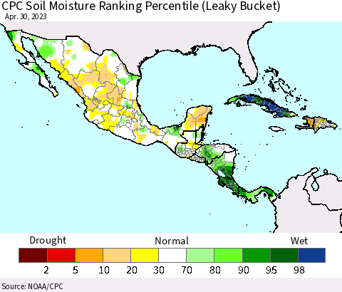 Mexico Central America and the Caribbean CPC Soil Moisture Ranking Percentile (Leaky Bucket) Thematic Map For 4/26/2023 - 4/30/2023