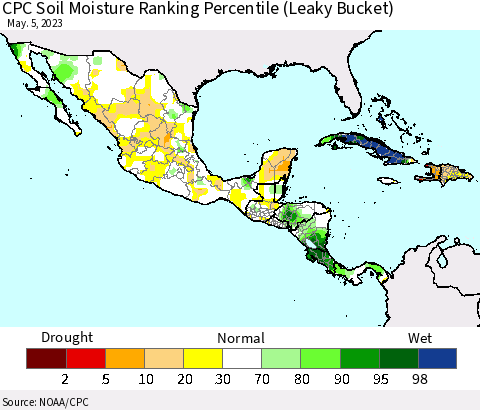 Mexico Central America and the Caribbean CPC Soil Moisture Ranking Percentile (Leaky Bucket) Thematic Map For 5/1/2023 - 5/5/2023