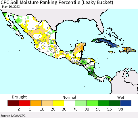 Mexico Central America and the Caribbean CPC Soil Moisture Ranking Percentile (Leaky Bucket) Thematic Map For 5/6/2023 - 5/10/2023