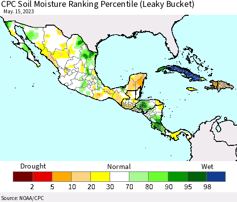Mexico Central America and the Caribbean CPC Soil Moisture Ranking Percentile (Leaky Bucket) Thematic Map For 5/11/2023 - 5/15/2023