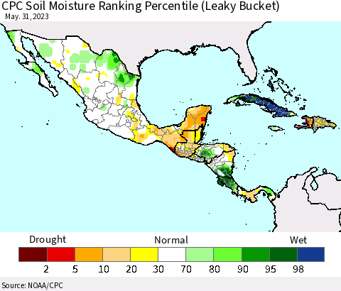 Mexico Central America and the Caribbean CPC Soil Moisture Ranking Percentile (Leaky Bucket) Thematic Map For 5/26/2023 - 5/31/2023