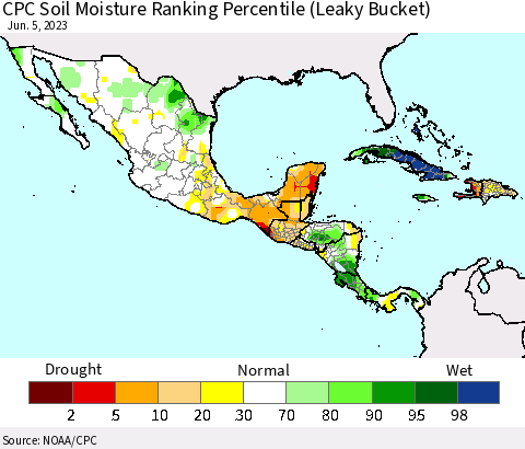 Mexico Central America and the Caribbean CPC Soil Moisture Ranking Percentile (Leaky Bucket) Thematic Map For 6/1/2023 - 6/5/2023
