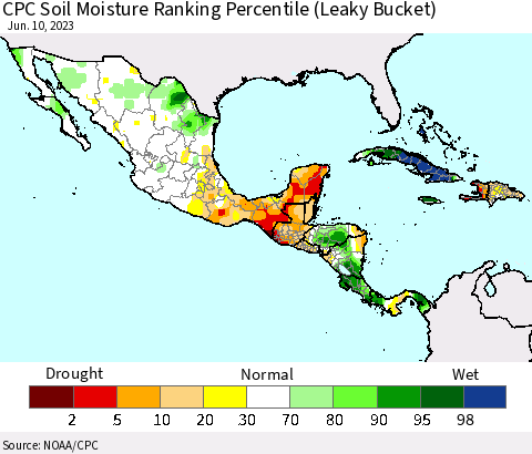 Mexico Central America and the Caribbean CPC Soil Moisture Ranking Percentile (Leaky Bucket) Thematic Map For 6/6/2023 - 6/10/2023