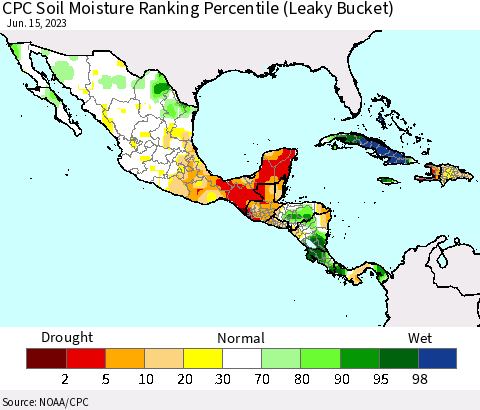 Mexico Central America and the Caribbean CPC Soil Moisture Ranking Percentile (Leaky Bucket) Thematic Map For 6/11/2023 - 6/15/2023