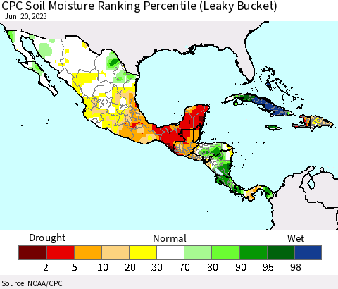 Mexico Central America and the Caribbean CPC Soil Moisture Ranking Percentile (Leaky Bucket) Thematic Map For 6/16/2023 - 6/20/2023