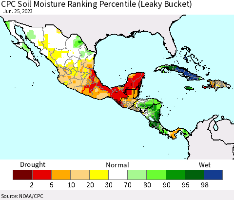Mexico Central America and the Caribbean CPC Soil Moisture Ranking Percentile (Leaky Bucket) Thematic Map For 6/21/2023 - 6/25/2023