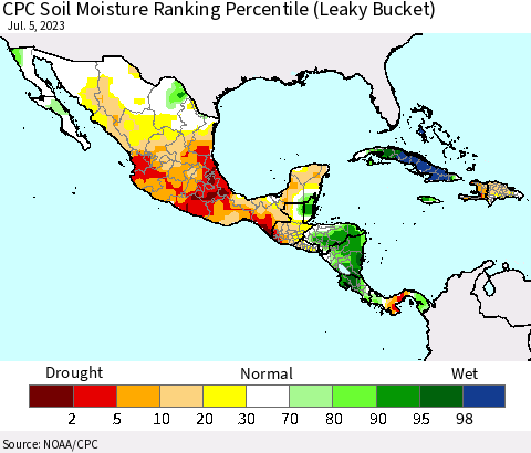 Mexico Central America and the Caribbean CPC Soil Moisture Ranking Percentile (Leaky Bucket) Thematic Map For 7/1/2023 - 7/5/2023