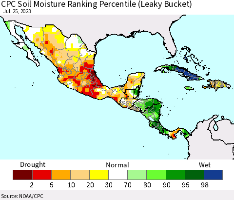 Mexico Central America and the Caribbean CPC Soil Moisture Ranking Percentile (Leaky Bucket) Thematic Map For 7/21/2023 - 7/25/2023