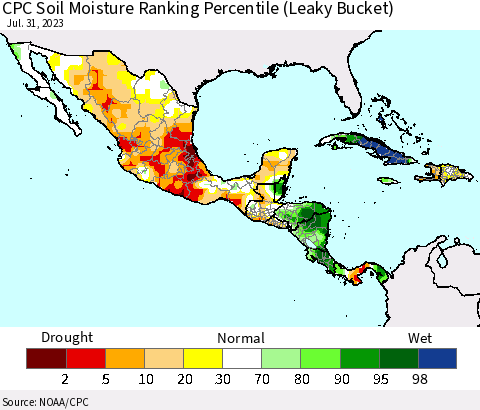 Mexico Central America and the Caribbean CPC Soil Moisture Ranking Percentile (Leaky Bucket) Thematic Map For 7/26/2023 - 7/31/2023