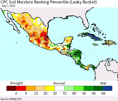 Mexico Central America and the Caribbean CPC Soil Moisture Ranking Percentile (Leaky Bucket) Thematic Map For 8/1/2023 - 8/5/2023