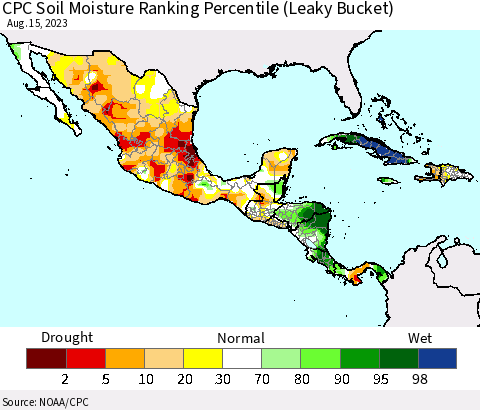 Mexico Central America and the Caribbean CPC Soil Moisture Ranking Percentile (Leaky Bucket) Thematic Map For 8/11/2023 - 8/15/2023