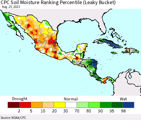 Mexico Central America and the Caribbean CPC Soil Moisture Ranking Percentile (Leaky Bucket) Thematic Map For 8/21/2023 - 8/25/2023