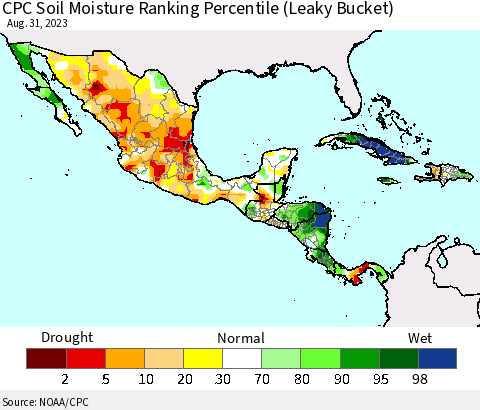 Mexico Central America and the Caribbean CPC Soil Moisture Ranking Percentile (Leaky Bucket) Thematic Map For 8/26/2023 - 8/31/2023