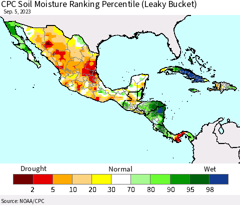Mexico Central America and the Caribbean CPC Soil Moisture Ranking Percentile (Leaky Bucket) Thematic Map For 9/1/2023 - 9/5/2023