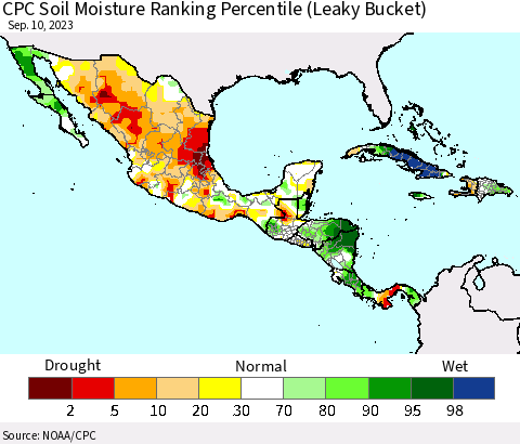 Mexico Central America and the Caribbean CPC Soil Moisture Ranking Percentile (Leaky Bucket) Thematic Map For 9/6/2023 - 9/10/2023